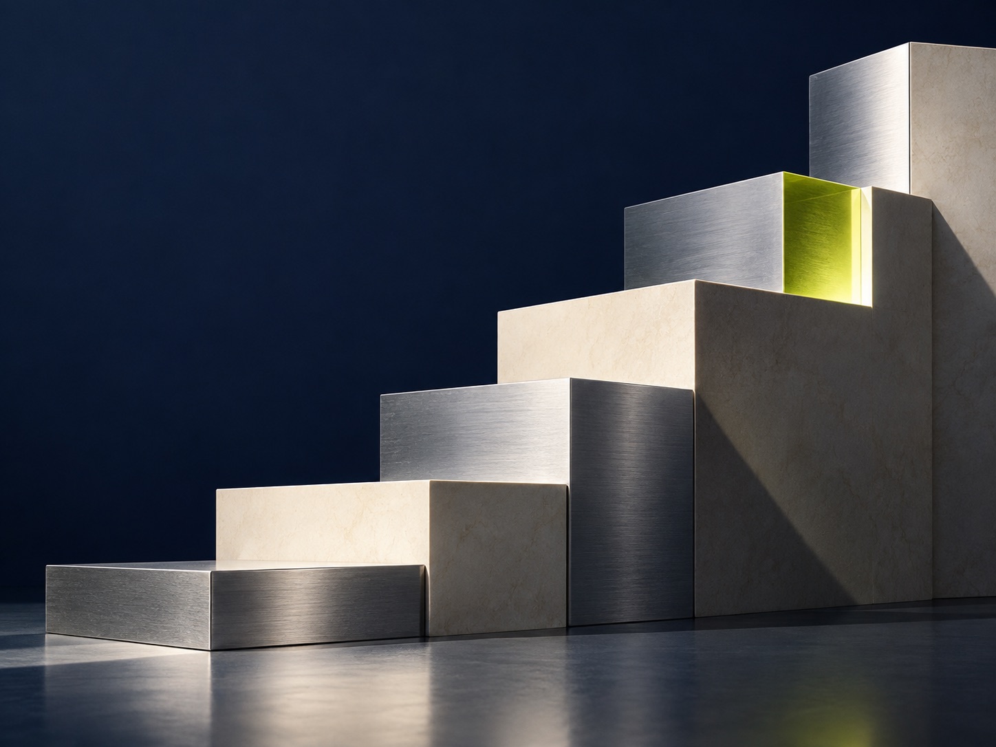 Sculptural ascending blocks with a single illuminated lime step